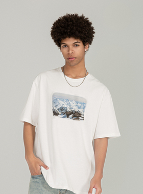 KEATMENT 雪山风景手绘美式高街圆领纯棉潮牌宽松时尚情侣T恤短袖