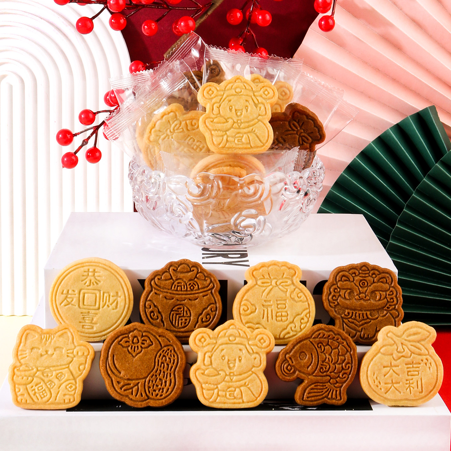 大个黄油味新年曲奇饼干咖啡味零食吉祥如意造型独立包装过年礼物