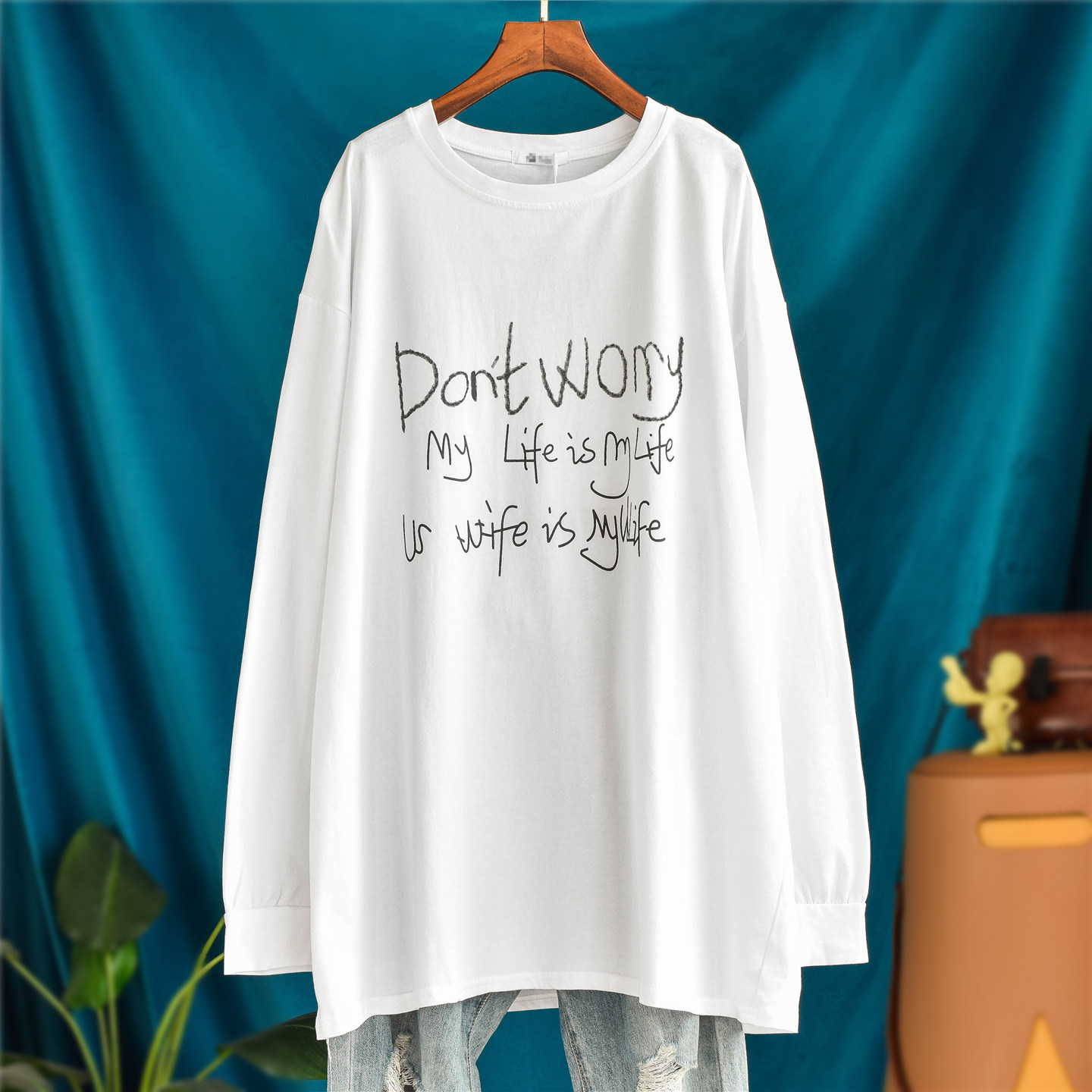 纯棉中长款遮屁股长袖t恤女秋冬字母印花宽松上衣配鲨鱼裤打底衫