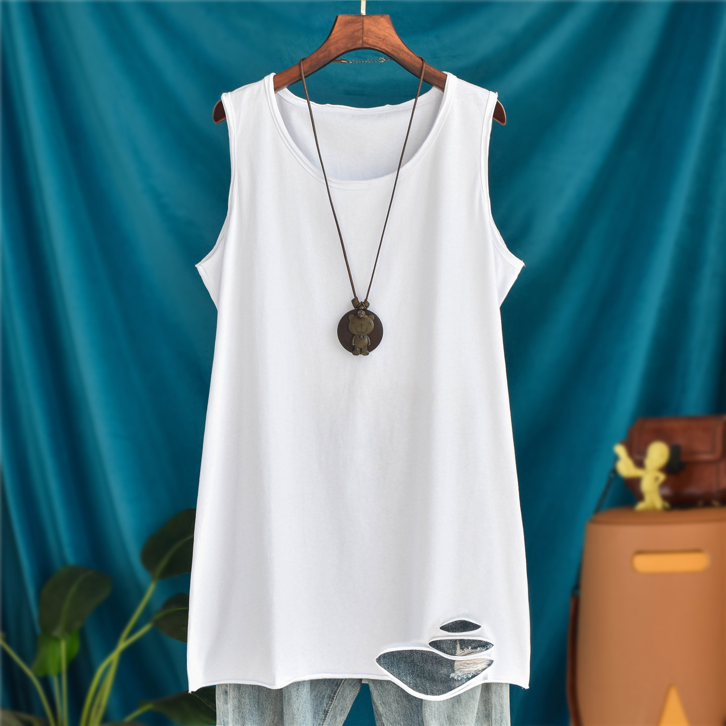 中长款卫衣叠穿破洞纯棉内搭吊带无袖背心女春秋外穿遮屁股打底衫