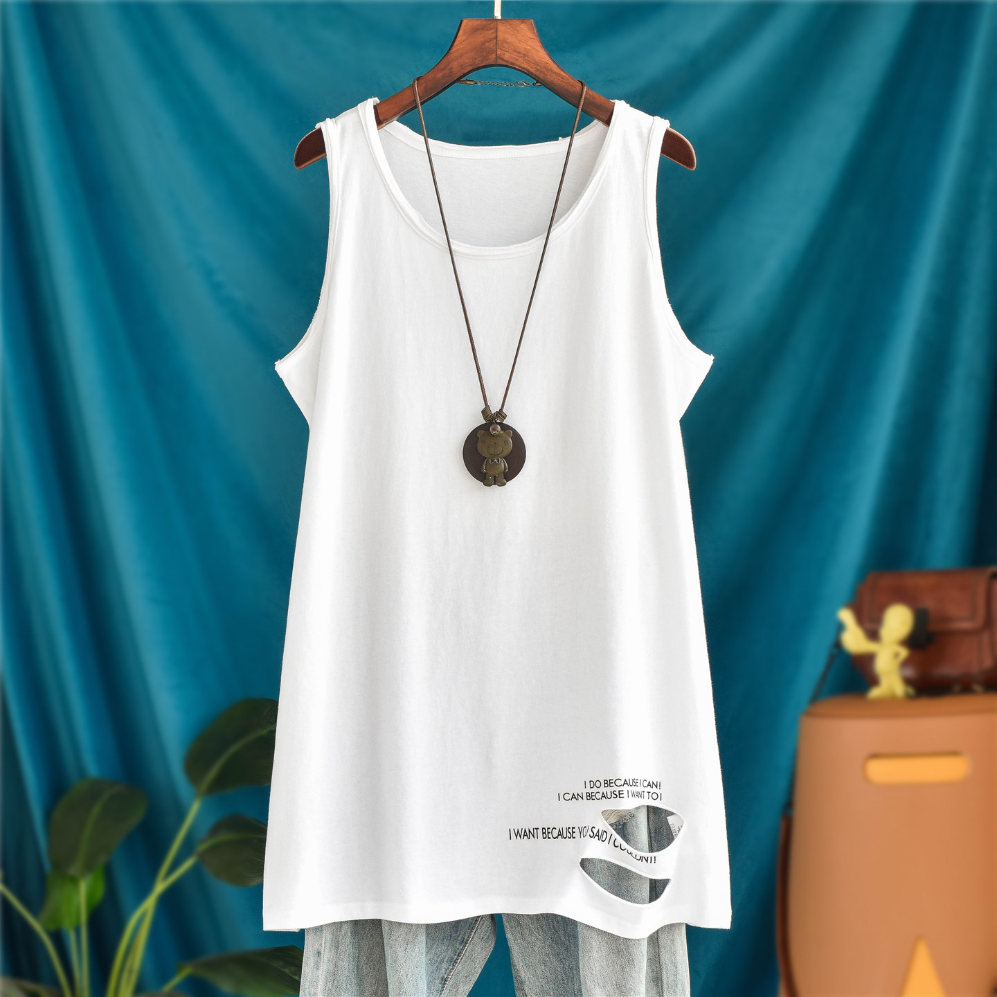 中长款纯棉字母破洞吊带背心女无袖外穿卫衣叠穿宽松打底衫内搭潮