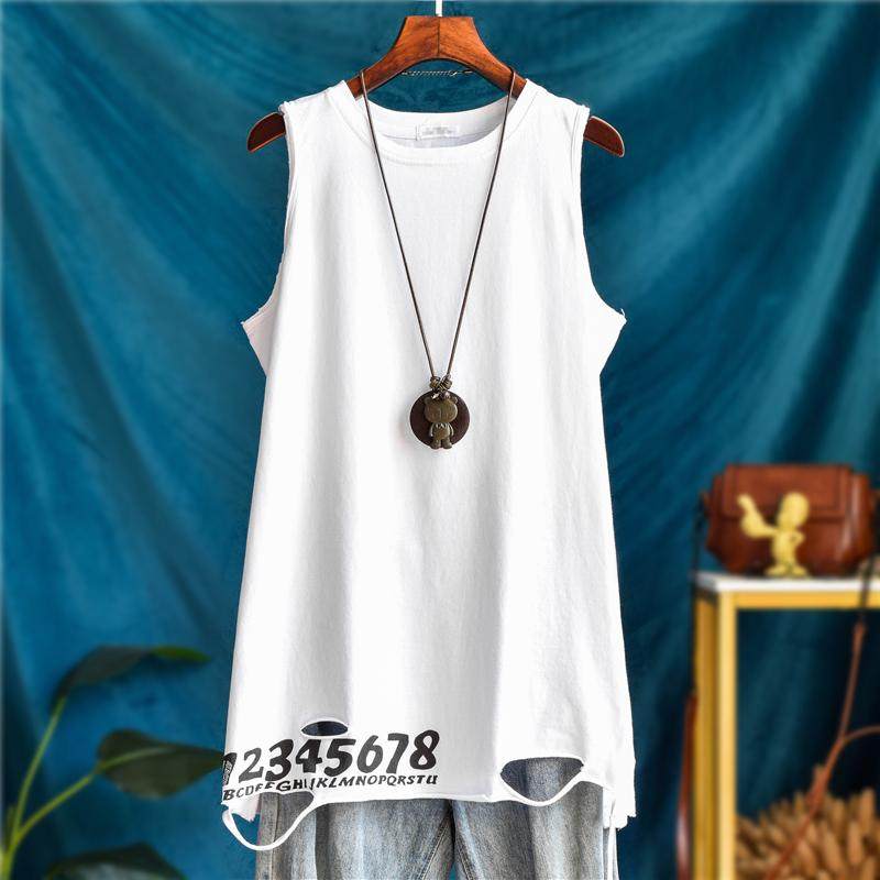 数字纯棉宽松内搭中长款破洞背心女屁帘卫衣叠穿露边春秋打底衫潮