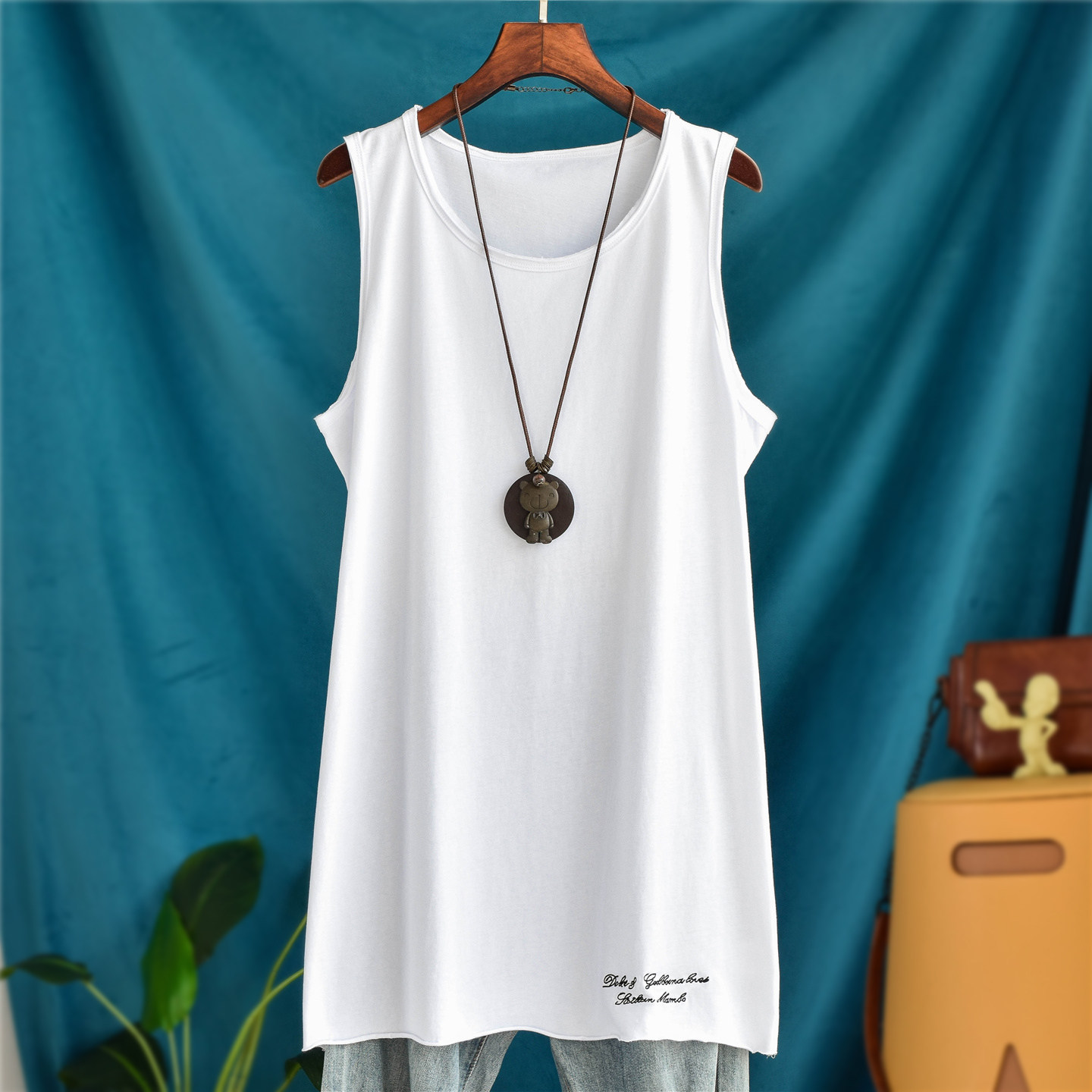 长款水洗纯棉宽松字母刺绣背心女外穿无袖卫衣叠穿打底衫吊带内搭