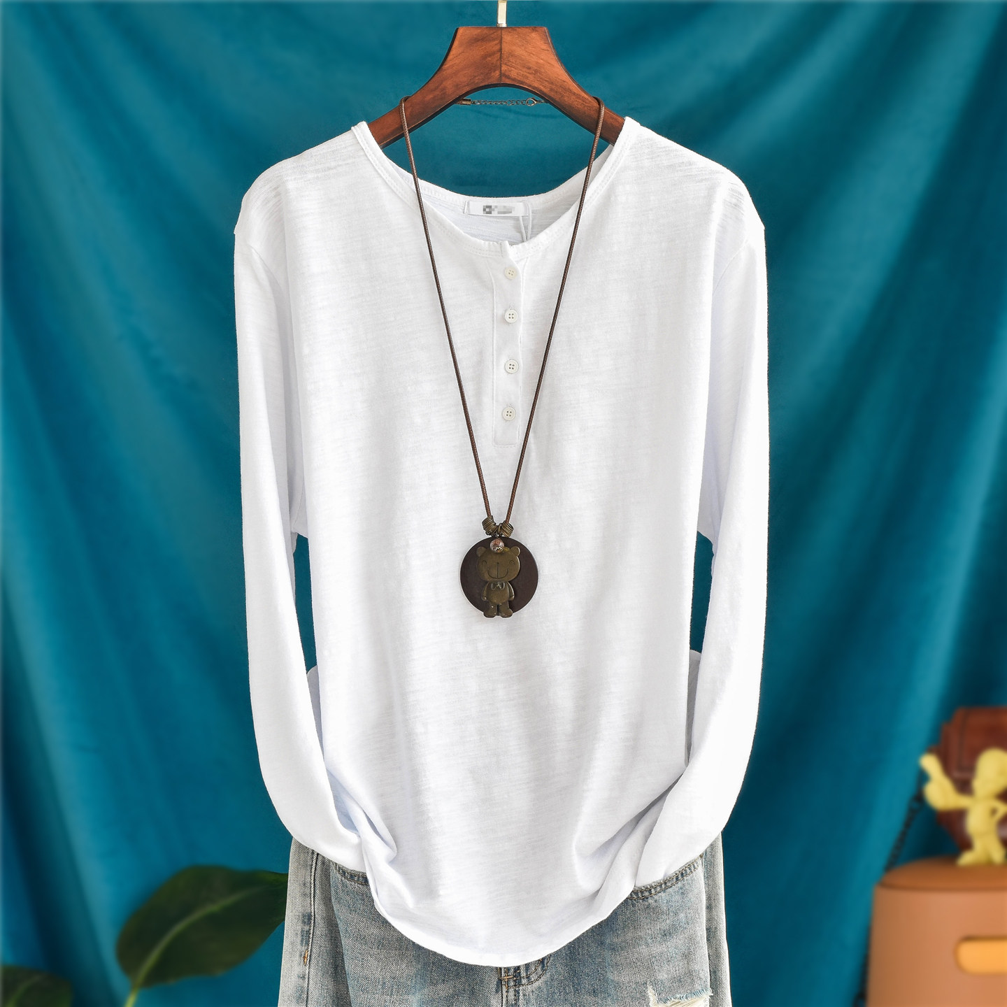 复古半开领竹节棉上衣女士时尚百搭长袖T恤纯色内搭春秋宽松打底