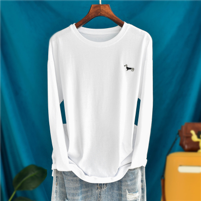 宽松大码中长款小狗刺绣纯棉长袖T恤女简约叠穿内搭早春打底衫潮t