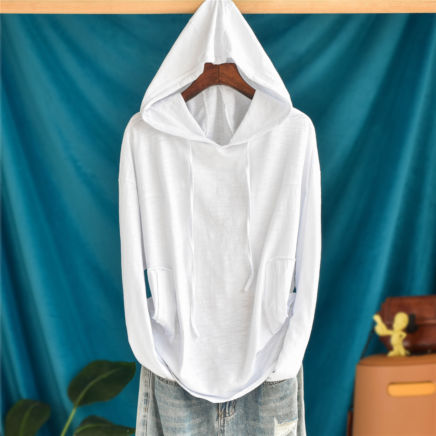 文艺宽松大码竹节纯棉连帽长袖T恤女纯色打底帽衫套头春秋上衣潮T