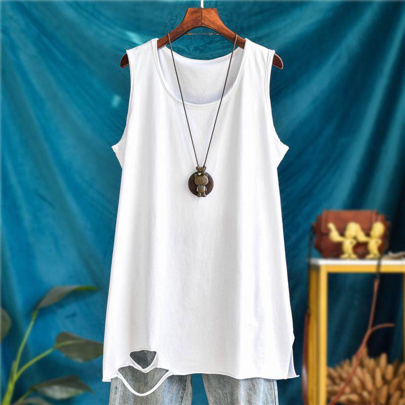 特长款开叉破洞背心女宽松大码纯棉内搭卫衣外叠穿春秋吊带打底衫