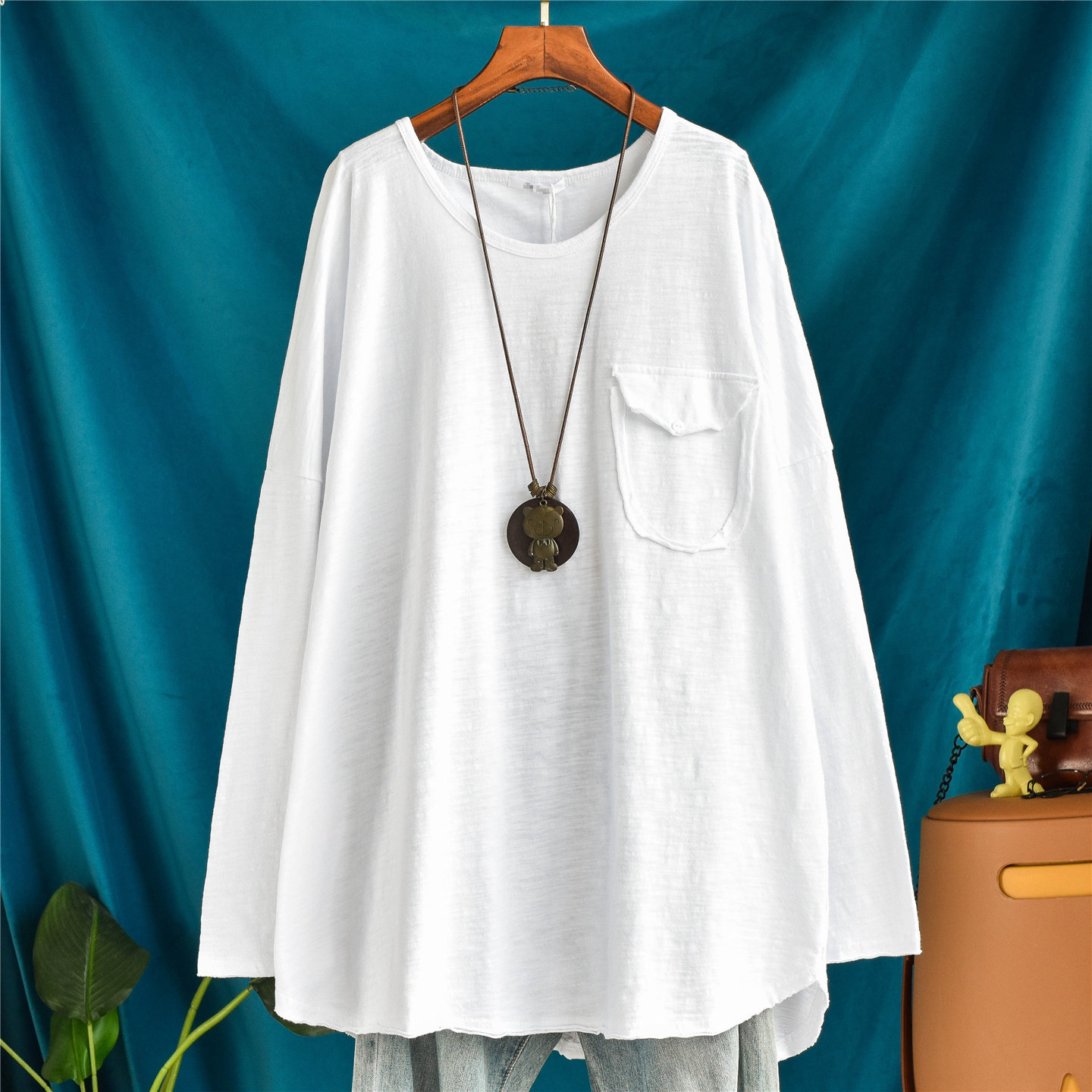 文艺做旧中长款宽松大码竹节棉长袖T恤女休闲内搭外穿打底上衣潮t