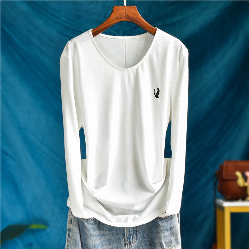 纯棉白色U领小袋鼠刺绣长袖T恤女秋季宽松显瘦内搭上衣体恤打底衫