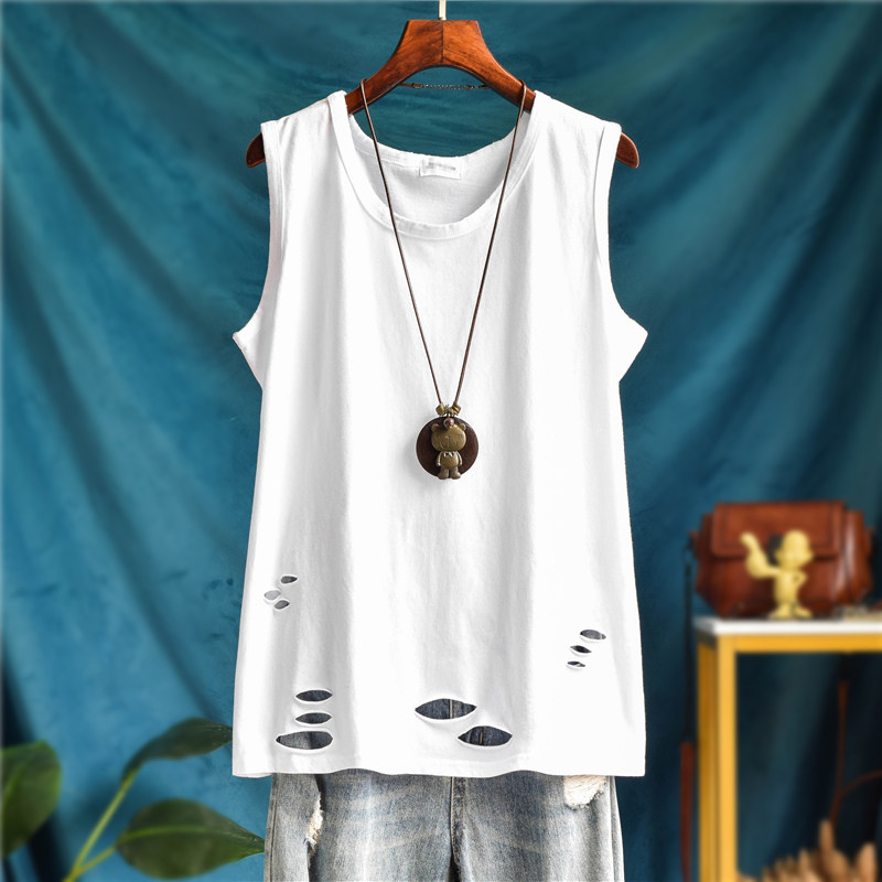 纯棉宽松大码内搭无袖破洞背心女外穿卫衣吊带春秋打底衫运动上衣
