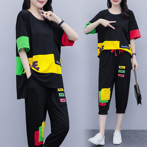 RM14737#夏季新款时尚套装女 潮牌拼接多色短袖印花宽松显瘦大码女装