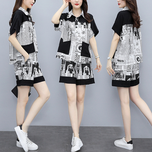 RM14733#夏季新款时尚套装女 宽松印花摩登短袖两件套 潮流大码女装