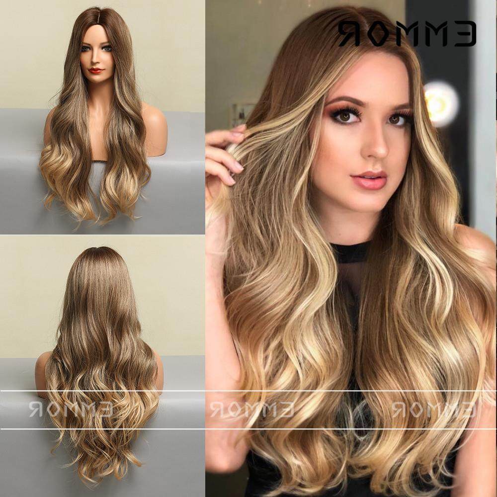 亚马逊欧美女士假发中分渐变金色大波浪高温丝全头套女长卷发