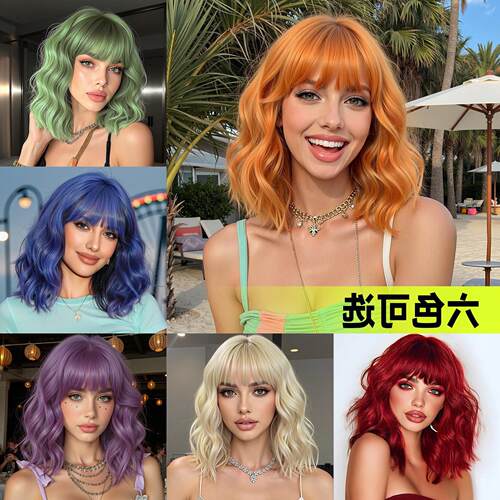 假发女短卷发网红自然齐刘海逼真bobo波波头金色全头套wigs现货