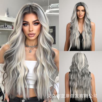 欧美跨境假发女全头套前额手织中分水墨色时尚长卷发化纤发wigs