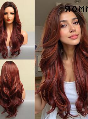 现货中分渐变红色大波浪欧美长卷发假发cosplay wigs头套