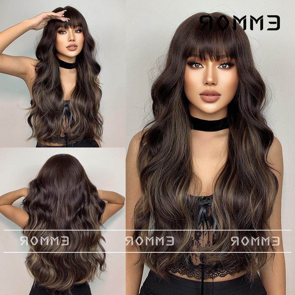 气质新品时尚女士假发 长卷发带刘海黑棕色欧美风大波浪假发头套