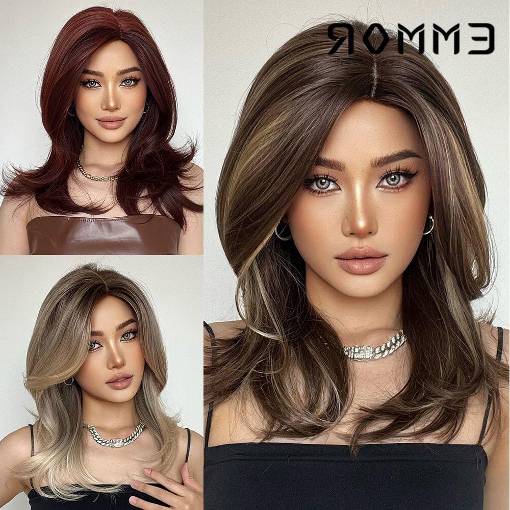 亚马逊新款 渐变微偏分外翻法式刘海微卷中长发化纤假发全头