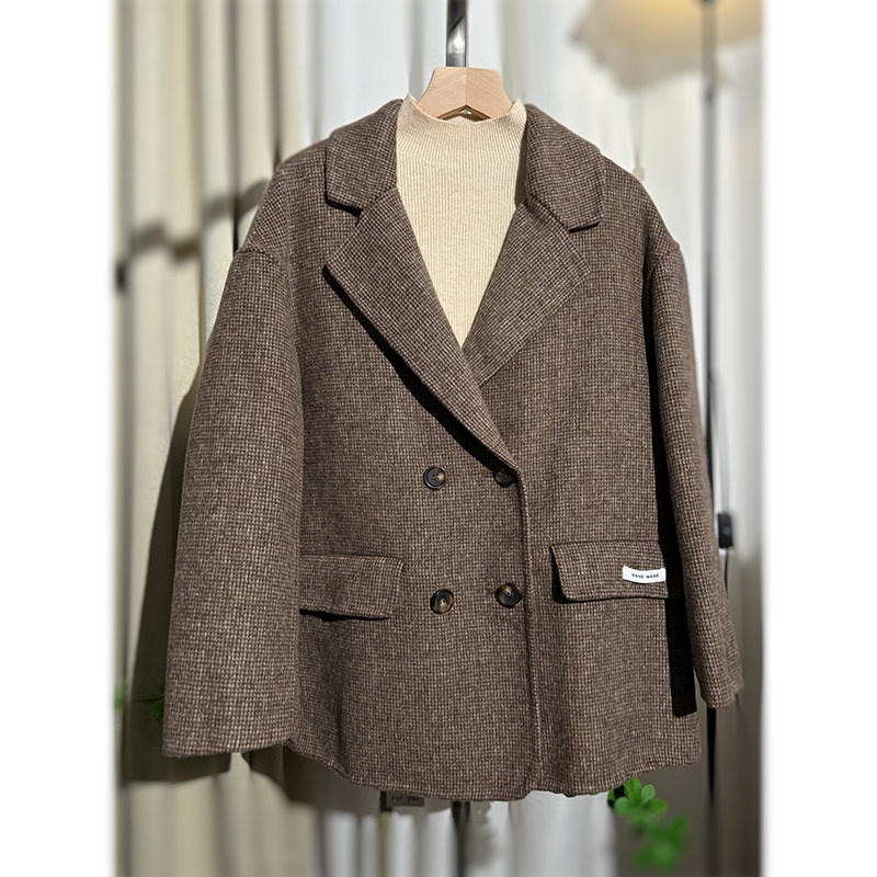2025秋冬毛呢羊毛双面呢西装人字纹大衣小个子韩版翻领外套棕色新,女装/女士精品,毛呢外套,淘宝优惠券,粉丝福利购,淘宝优惠卷