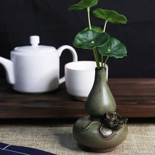 中式陶瓷手工捏花莲花葫芦花瓶居家摆件插干花摆书桌茶宠茶桌花器