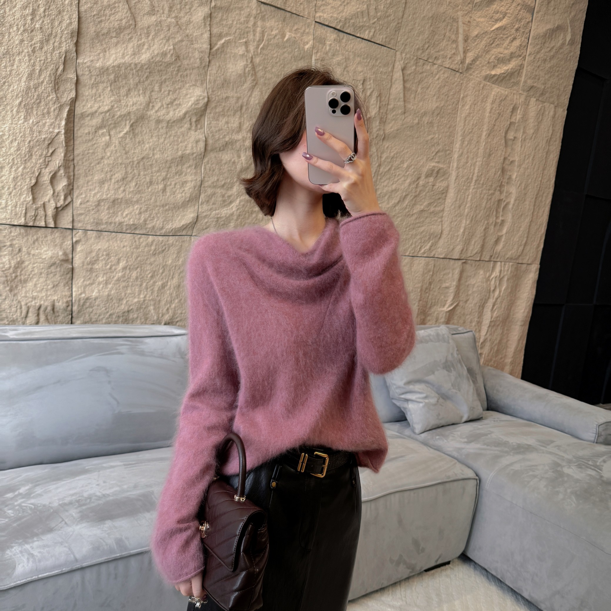 邱莹莹100山羊绒粉色针织衫女图片