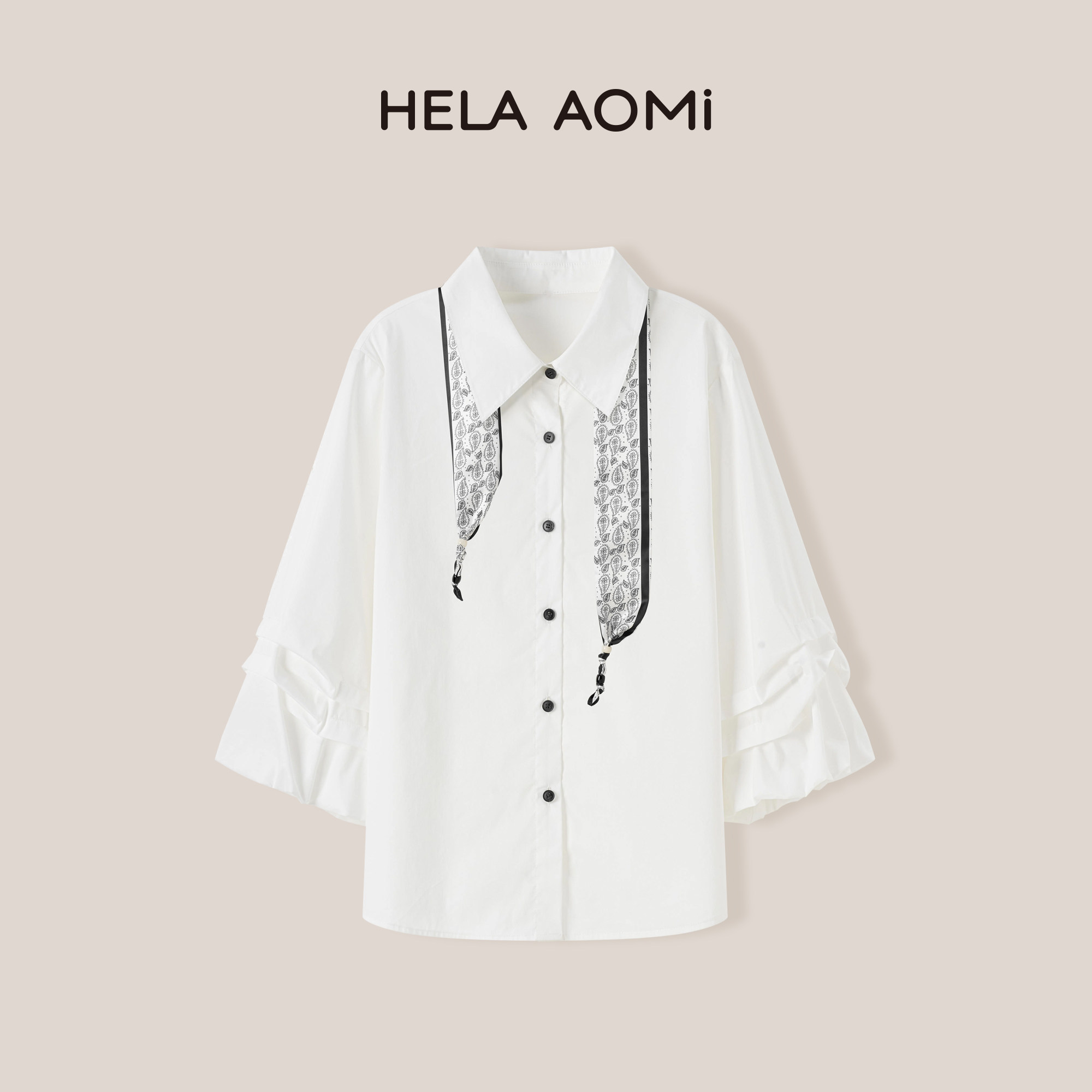 邱莹莹HELA AOMI “丝巾衬衫”小翻领开门襟七分袖捏折设计衬衫