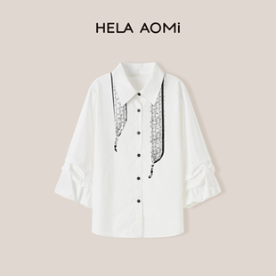 小翻领开门襟七分袖 邱莹莹HELA AOMI 丝巾衬衫 捏折设计衬衫