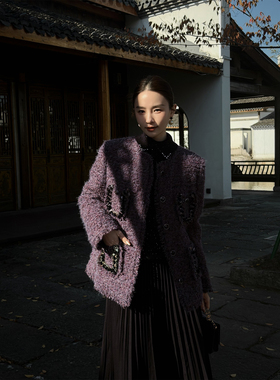 邱莹莹 HELA AOMI “炫彩灰紫”鹅绒+绵羊毛小香风流苏羽绒服