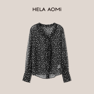 复古波点蝴蝶结系微透衬衫 邱莹莹HELA 法式 不规则波点 AOMI