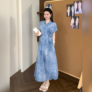 邱莹莹"扎染蓝调"100%桑蚕丝中长款假两件双绉休闲蝙蝠袖连衣裙女