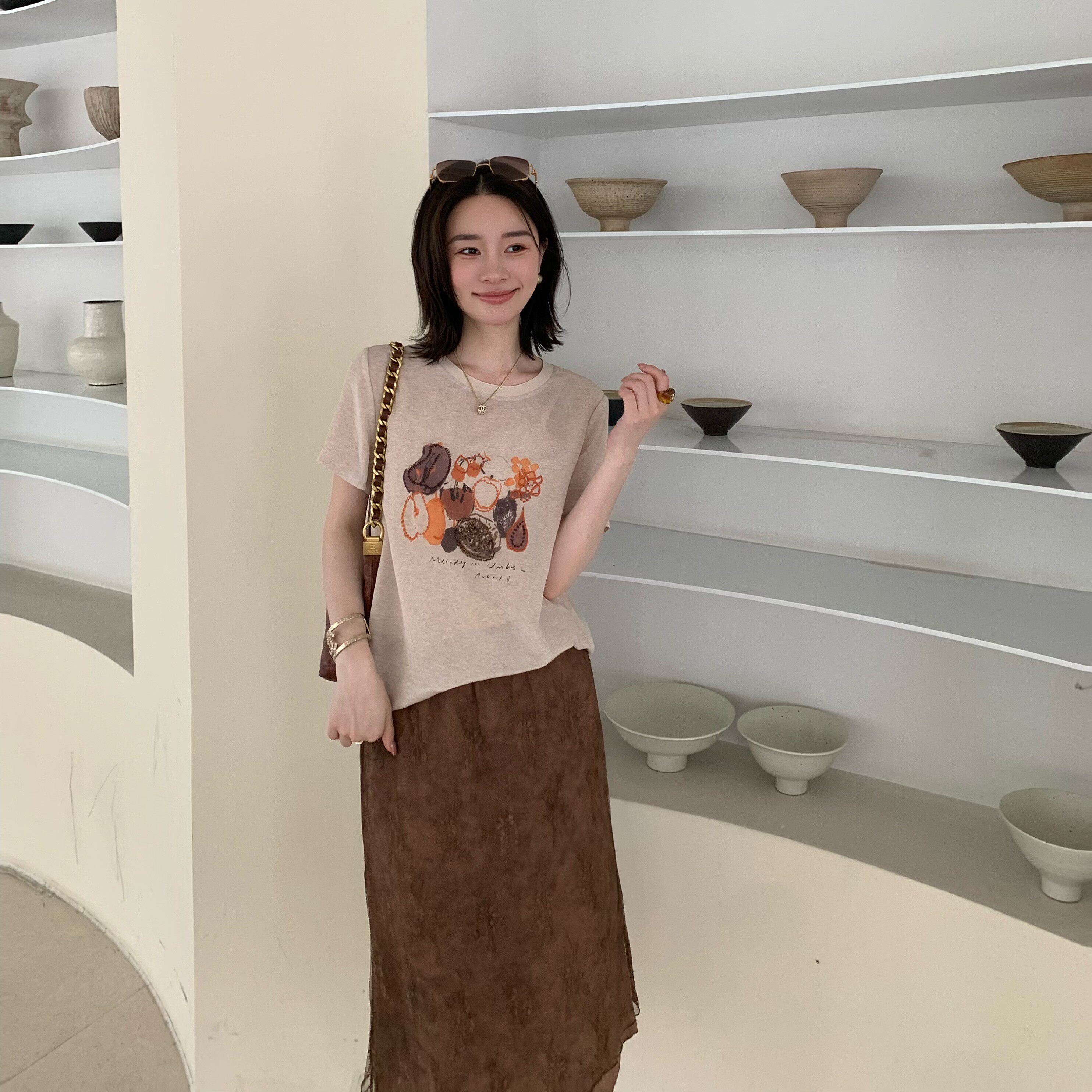 邱莹莹 “彩果真丝T”100%桑蚕丝双绉果物印花撞色短袖圆领T恤夏