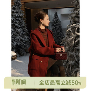 AOMI 中长款 夜宴棠红 款 连帽大衣 100%绵羊毛经典 邱莹莹HELA