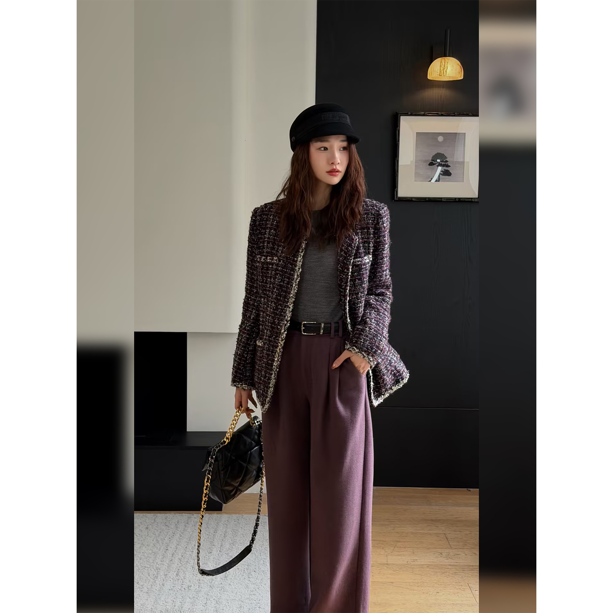 邱莹莹 HELA AOMI “紫金小香鹅绒”90白鹅绒粗花呢香风羽绒外套