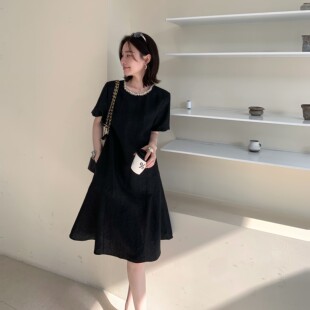 邱莹莹 “小香风香云纱”100%桑蚕丝23姆米龟纹拼接领口连衣裙女