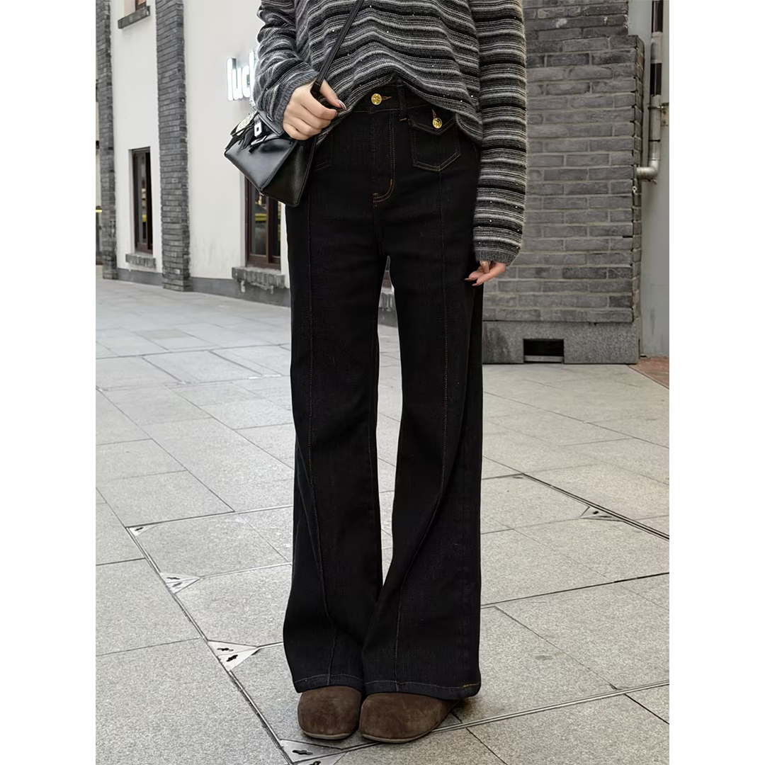 邱莹莹 HELA AOMI &ldquo;超弹金扣牛仔&rdquo;复古阔腿显瘦微喇牛仔裤