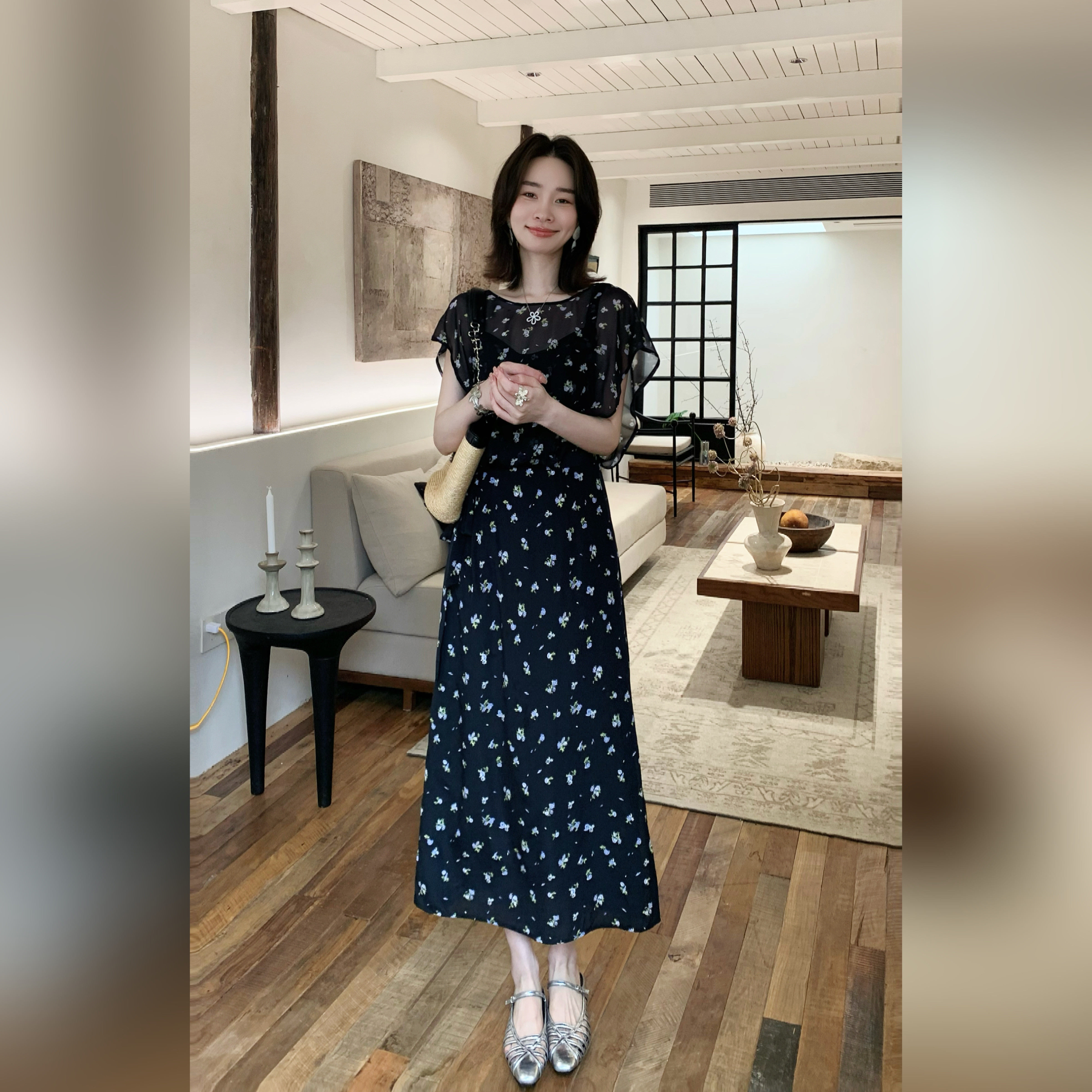 邱莹莹 原创-"海洋系列·珊瑚紫螺"桑蚕丝16MM薄纱披肩拼接连衣裙
