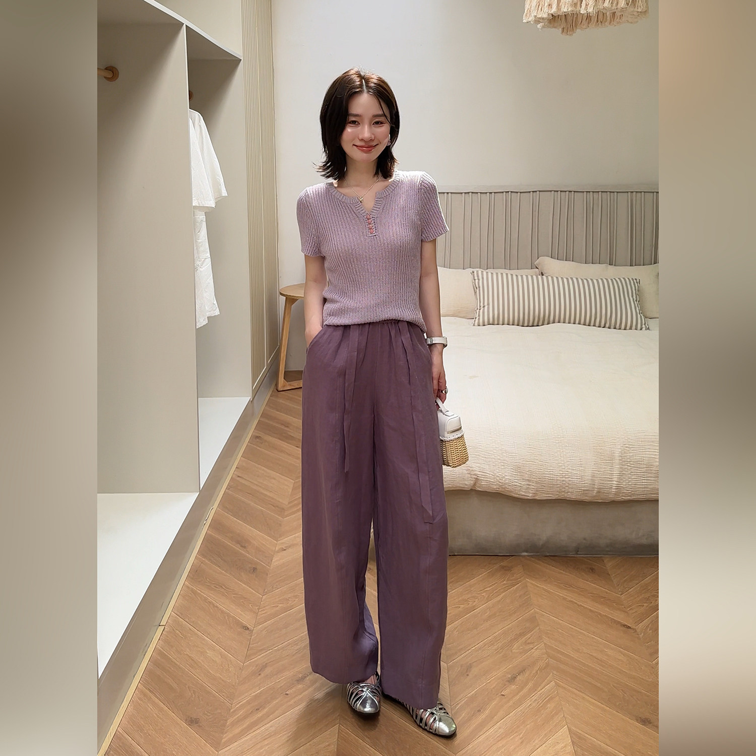 邱莹莹“100%汉麻裤”汉麻纯色松紧腰带时尚百搭直筒阔腿休闲裤女
