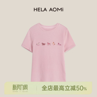 印花正肩宽松简约短袖 五驹绘彩 T恤 AOMI 邱莹莹HELA