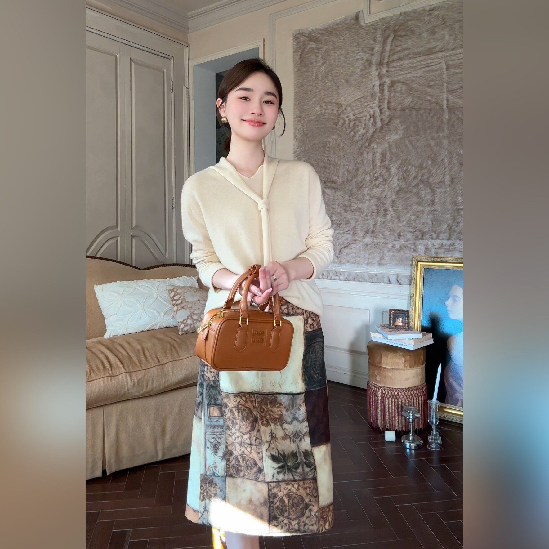 邱莹莹【现货】"暖绒兔耳"绵羊毛山羊绒莱赛尔飘带纯色长袖针织衫