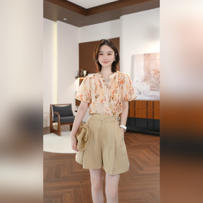 邱莹莹 “风情花信”莱赛尔亚麻花卉印花衬衫短裤套装