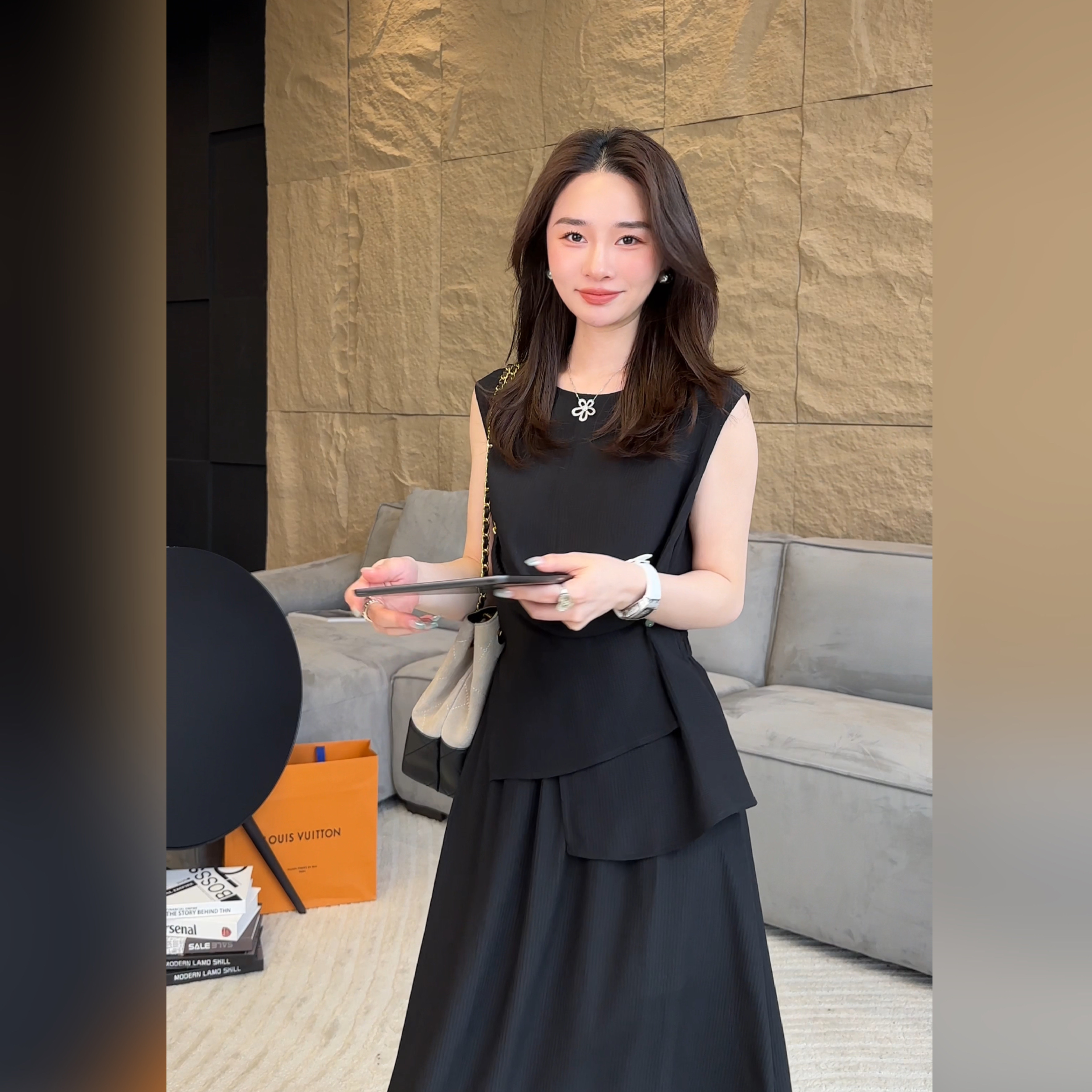 邱莹莹 "绫条绸真丝裙"100%桑蚕丝假两件长款不规则下摆连衣裙女