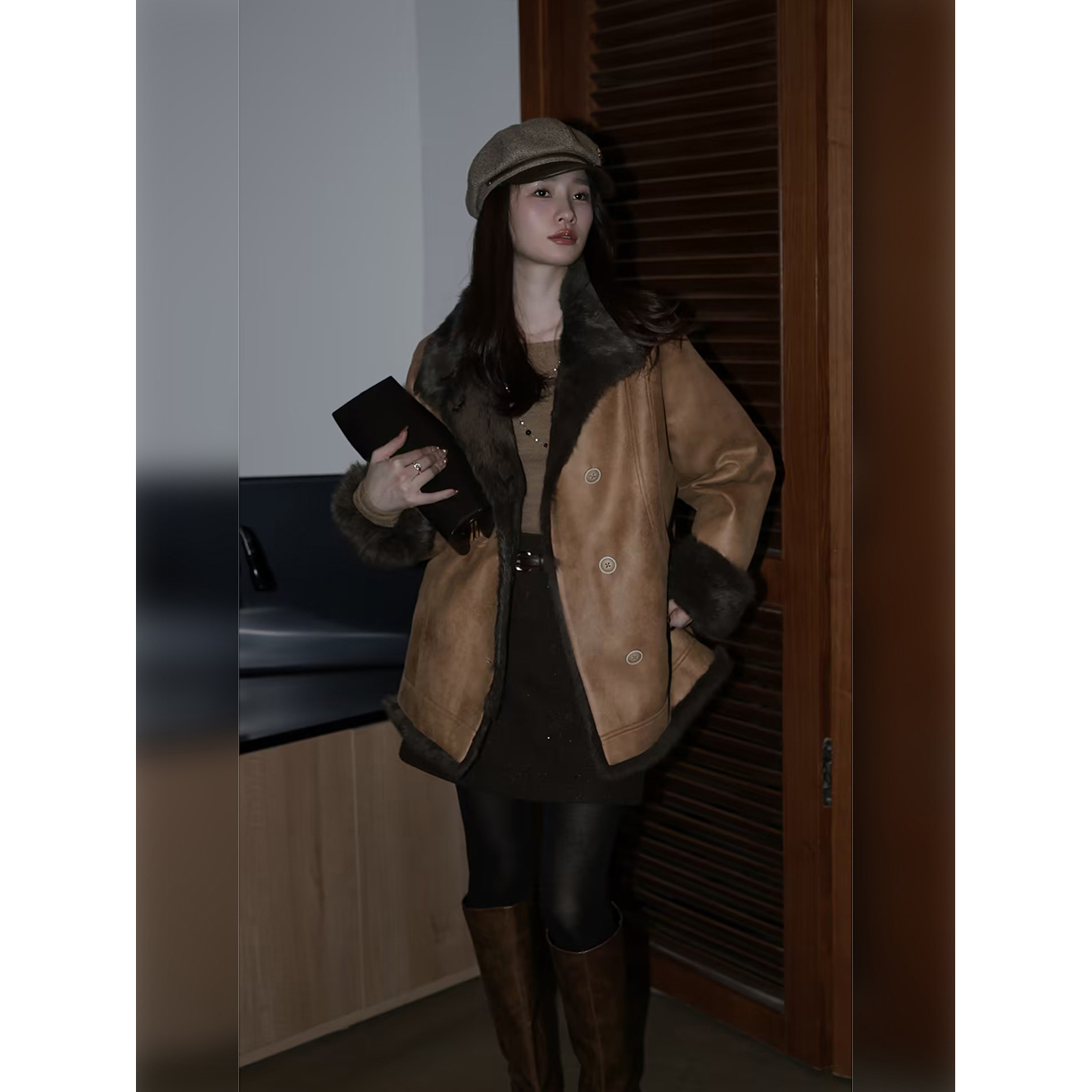 邱莹莹 HELA AOMI “肉桂暖绒”兔毛100%毛领派克服复古风皮草