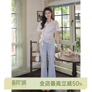 翻领单排扣绑带收腰衬衫 邱莹莹 醋酸85%醋酸衬衫 AOMI 女 HELA