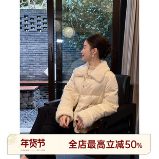 邱莹莹 HELA AOMI “白雪鹅”90白鹅绒+亚麻翻领印花羽绒服