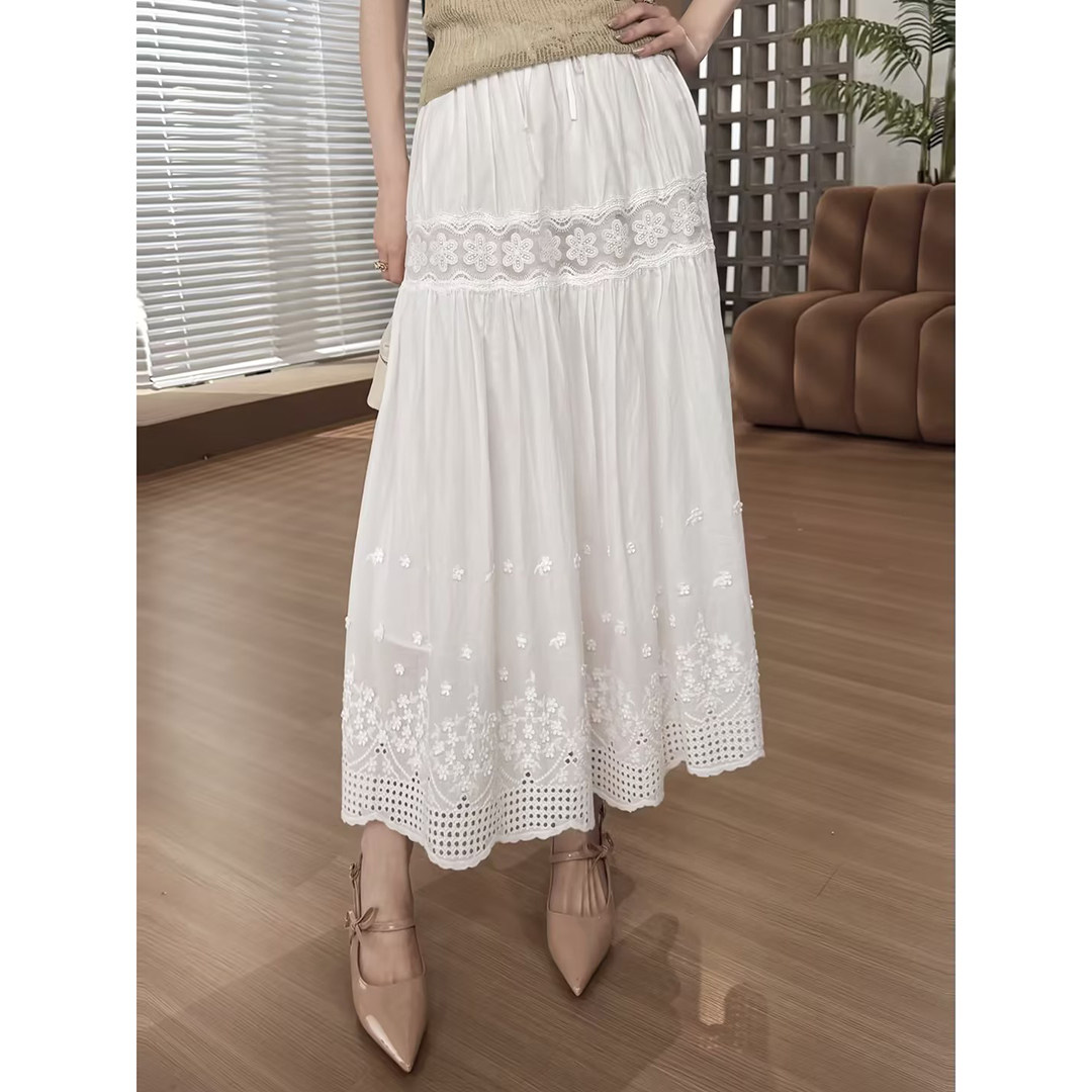 邱莹莹HELA AOMI &ldquo;塞纳花窗&rdquo;镂空花边大伞裙柔软肌理半身裙