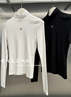 CK Jeans专柜正品 2025秋款女士刺绣半高领打底衫长袖T恤 47D203G