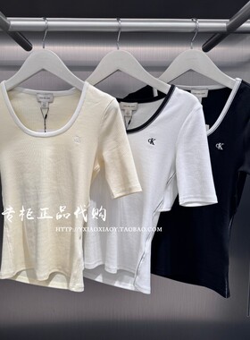 CK Jeans专柜正品 2026春夏新款女士撞色大U领镂空短袖T恤47F247G