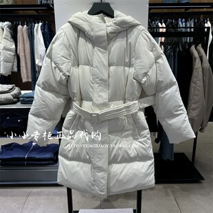 CK Jeans专柜正品 2024冬款女士系带收腰中长款连帽羽绒服J224692