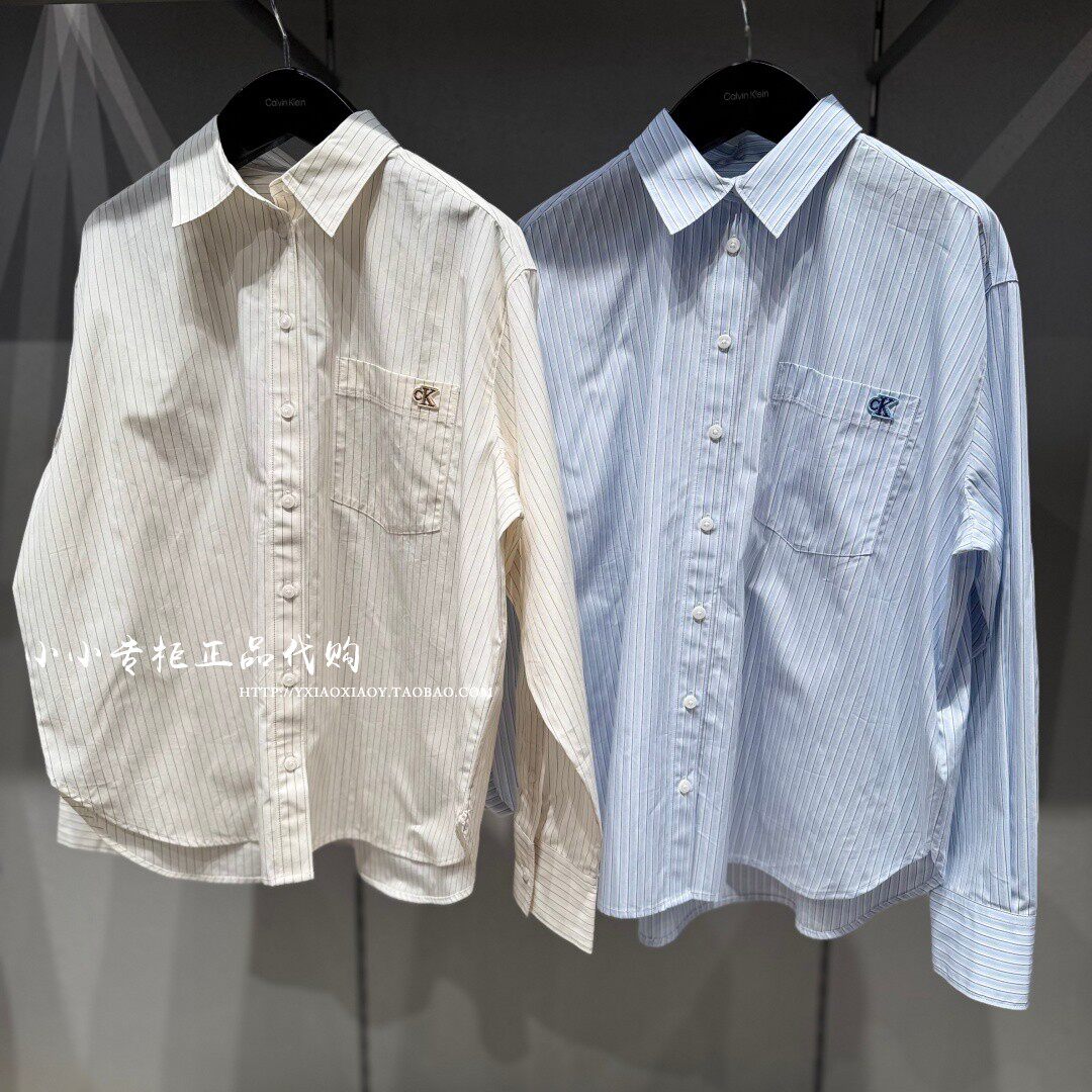 CK Jeans专柜正品 2026春夏新款女士袖标纯棉条纹长袖衬衫47F103G