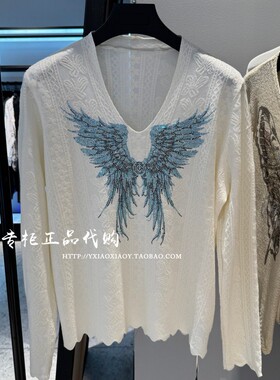 轻奢潮牌TCH专柜正品 25秋款女士烫钻翅膀羊毛针织衫 T75C09E1116